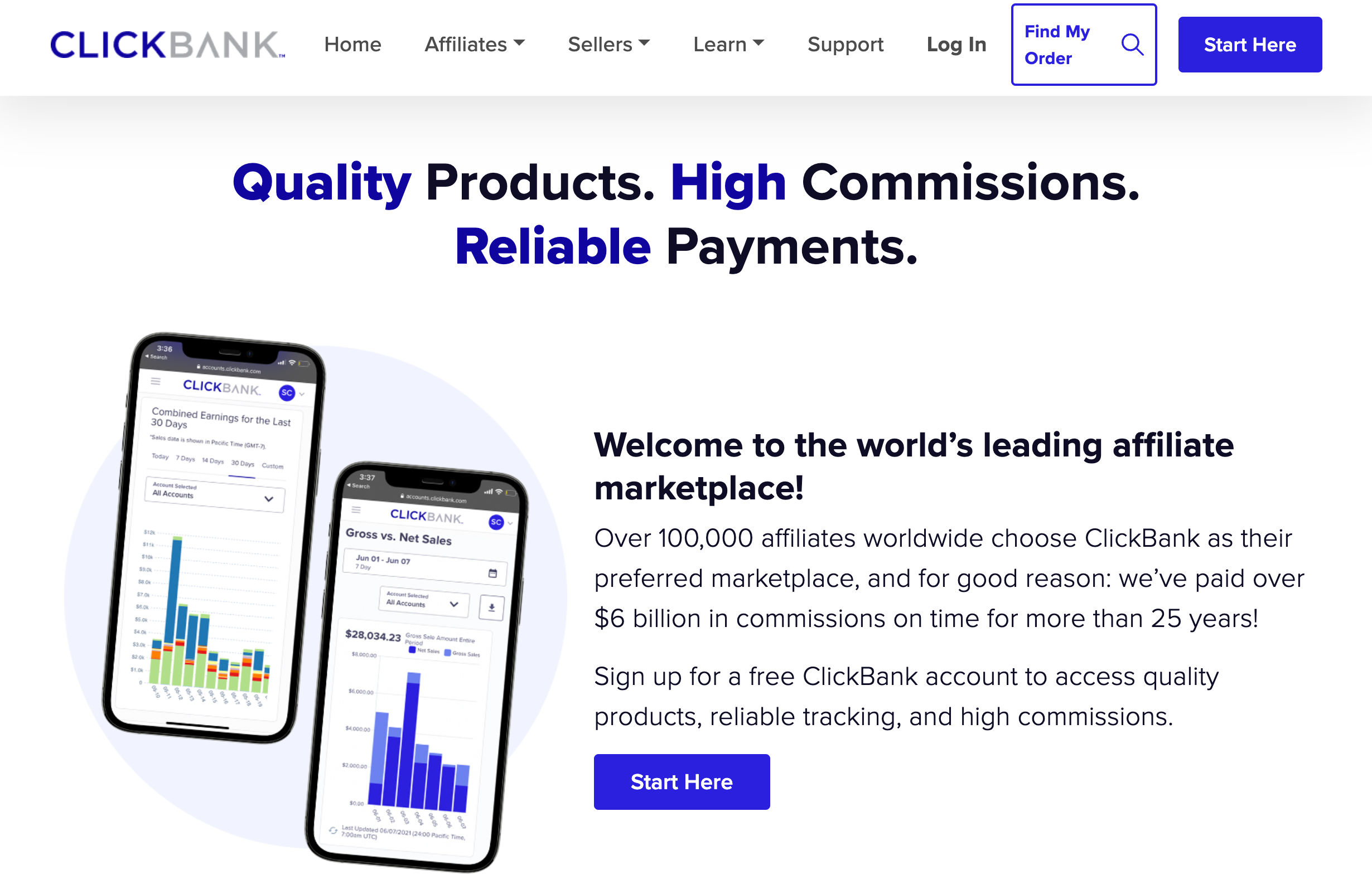 ClickBank's affiliate network program banner with phone images